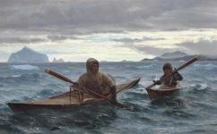 père et fils en kayak le long de la côte du Groenland