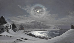 Pleine lune au-dessus d'une colonie au Groenland
